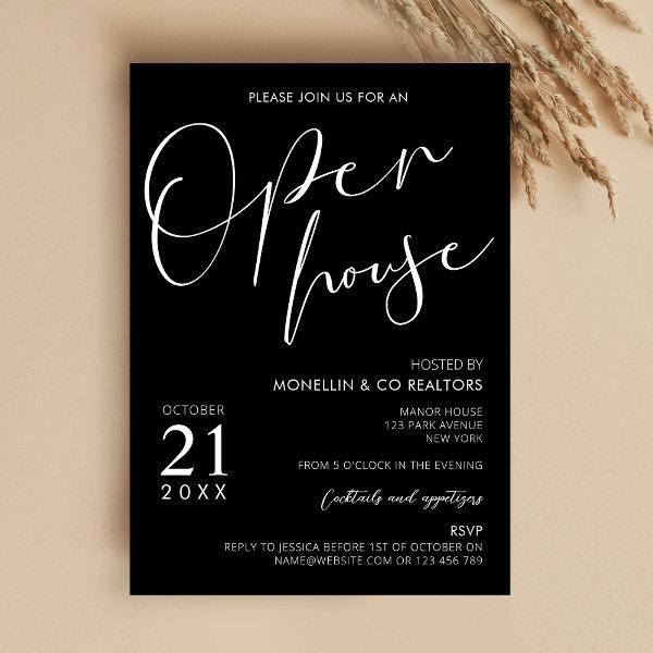 Modern Black Script Logo Business Open House Invitation