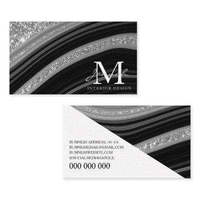 Modern Black Silver Glitter Marble Agate Monogram