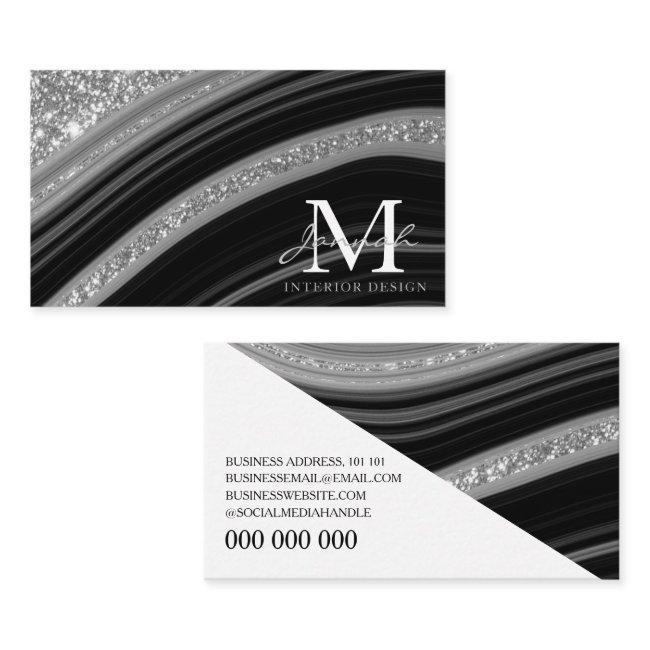 Modern Black Silver Glitter Marble Agate Monogram