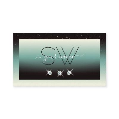 Modern Black Teal Gradient Sparkle Jewels Monogram