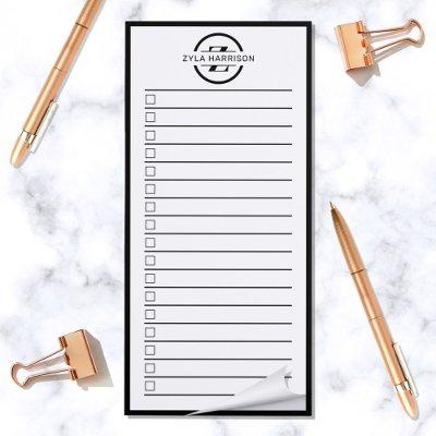 Modern Black White Monogram Name To Do List  Magnetic Notepad