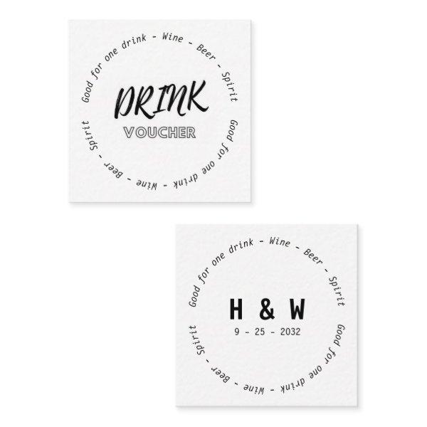 Modern Black White Name Date Wedding Drink Voucher Square