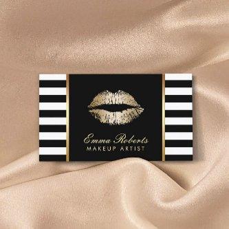 Modern Black White Stripes Gold Lips Makeup Artist