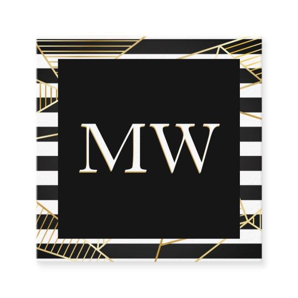 Modern Black White Stripes Monogram | Golden Poly Square
