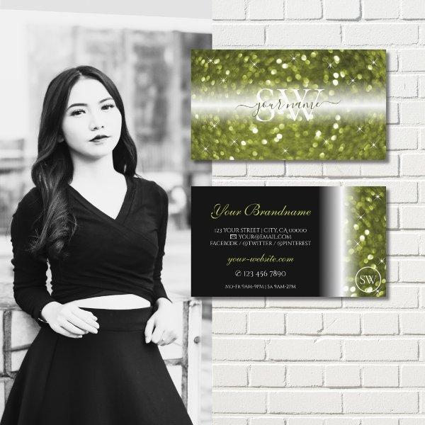 Modern Black Yellow Green Sparkle Glitter Monogram