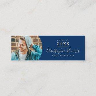 Modern blue and gold graduation photo class of cal calling card
