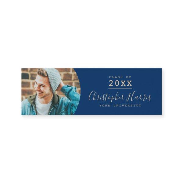 Modern blue and gold graduation photo class of cal calling card