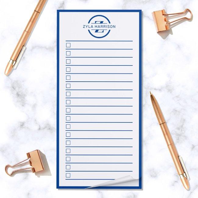 Modern Blue Monogram Name To Do List Magnetic Notepad