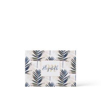 Modern Blue Palm Leaves Gold Strokes White Design