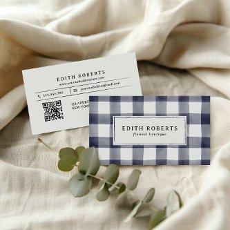 Modern Blue Watercolor Buffalo Plaid QR CODE
