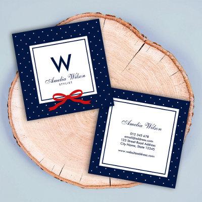Modern Blue White Polka Dot Red Ribbon Monogram Square