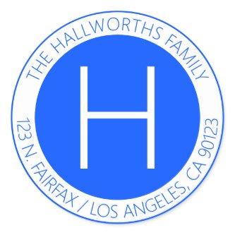 Modern Blue & White Return Address or Other Text Classic Round Sticker