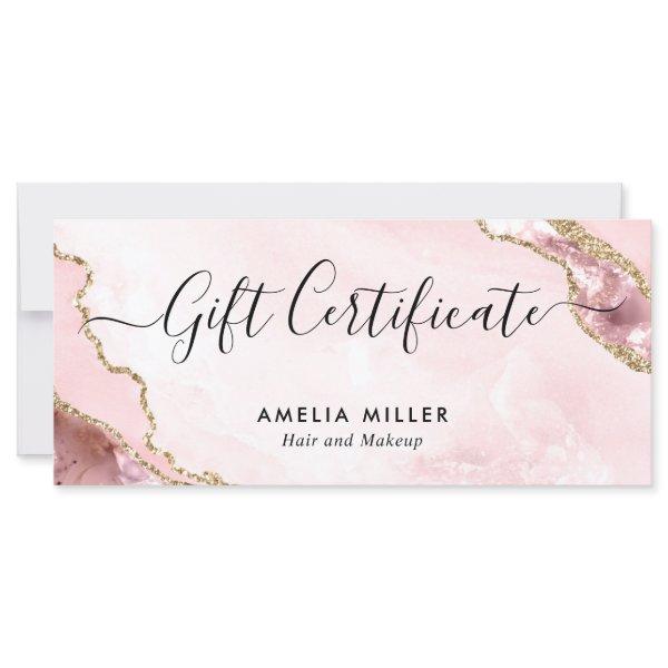Modern Blush Pink Gold Agate Certificate Gift Card