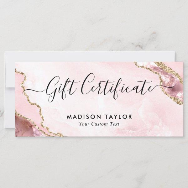 Modern Blush Pink Gold Agate Certificate Gift Card