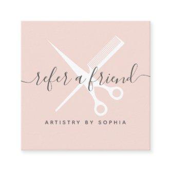 Modern blush pink scissors script refer a friend referral card