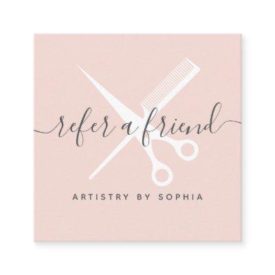 Modern blush pink scissors script refer a friend referral card