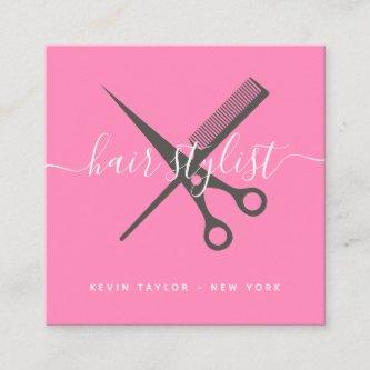 Modern bold pink scissors branding hair stylist square