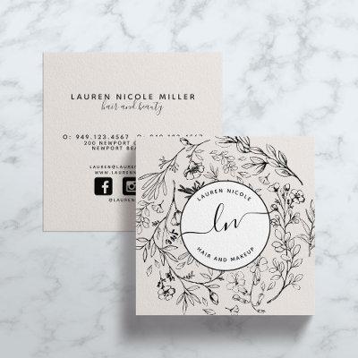 Modern Botanical Blush Black White Script Initials Square