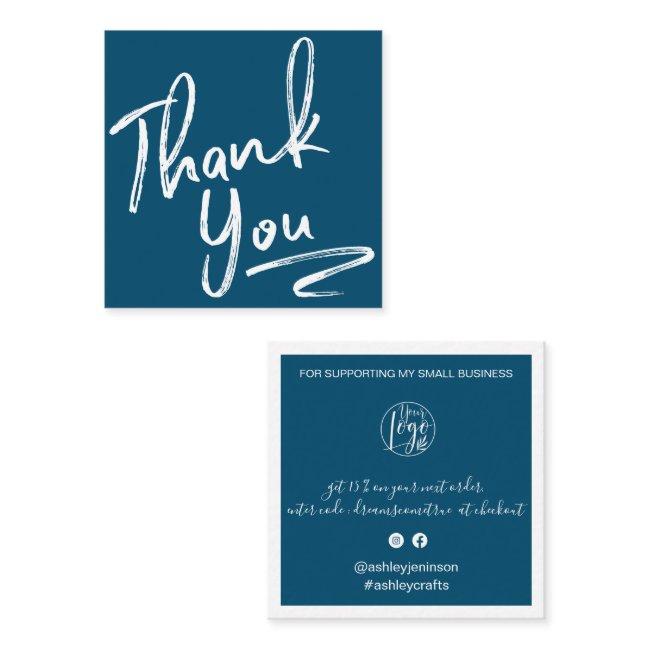 Modern brush thank you script order navy blue square