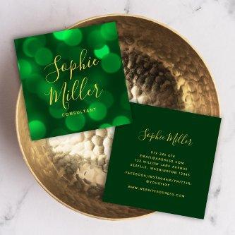 Modern Calligraphy Emerald Green Bokeh Lights Square