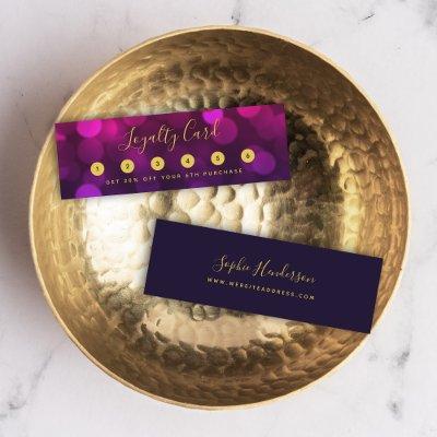 Modern Calligraphy Magenta Blue Bokeh Lights Loyalty Card
