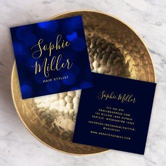 Modern Calligraphy Sapphire Blue Bokeh Lights Square