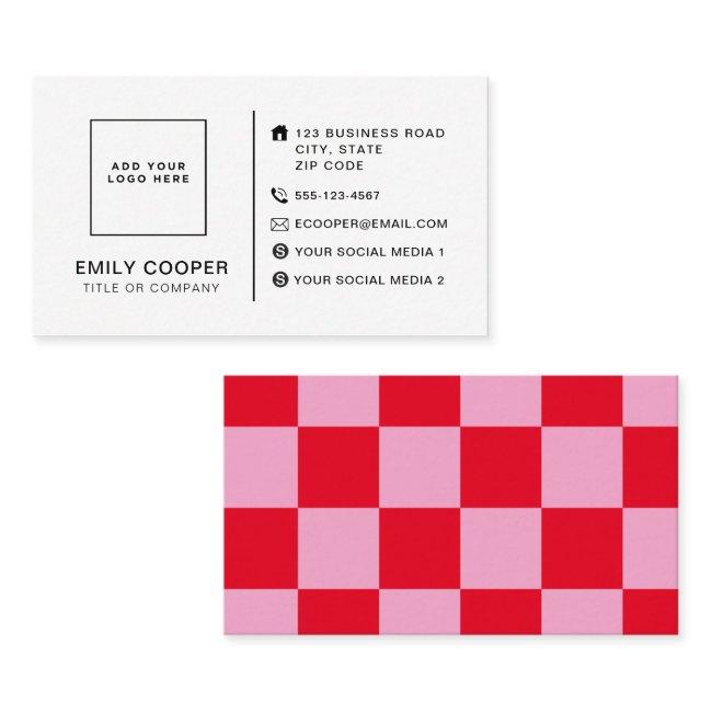 Modern Checker Checkerboard Add Logo Pink Red