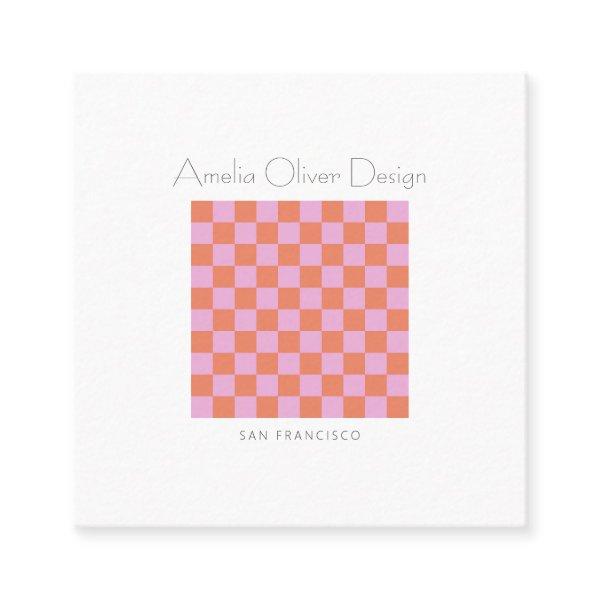 Modern Checkerboard Pink Orange Simple Custom Square