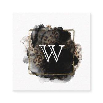 Modern Classic Monogram Initial Black Gold Leopard Square