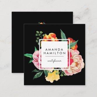 Modern Classy Watercolor Peony Floral BLACK Square