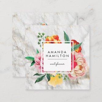 Modern Classy Watercolor Peony Floral MARBLE Square
