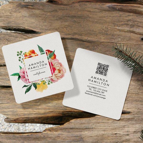 Modern Classy Watercolor Peony Floral QR CODE Square