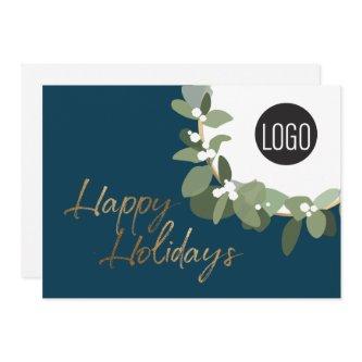 Modern Corporate Logo Happy Holidays Blue Holiday Card