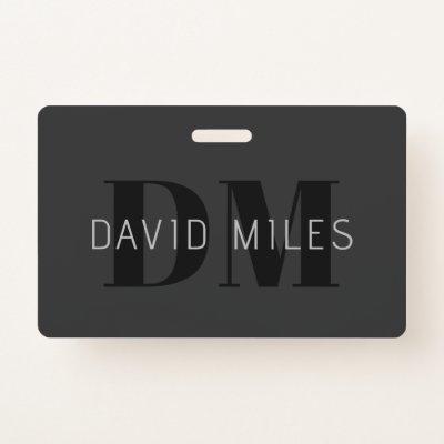 Modern Dark Grey & Black Editable Name & Monogram Badge