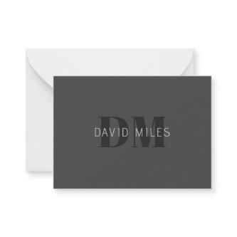 Modern Dark Grey & Black Editable Name & Monogram Note Card