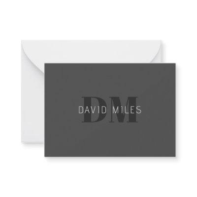Modern Dark Grey & Black Editable Name & Monogram Note Card