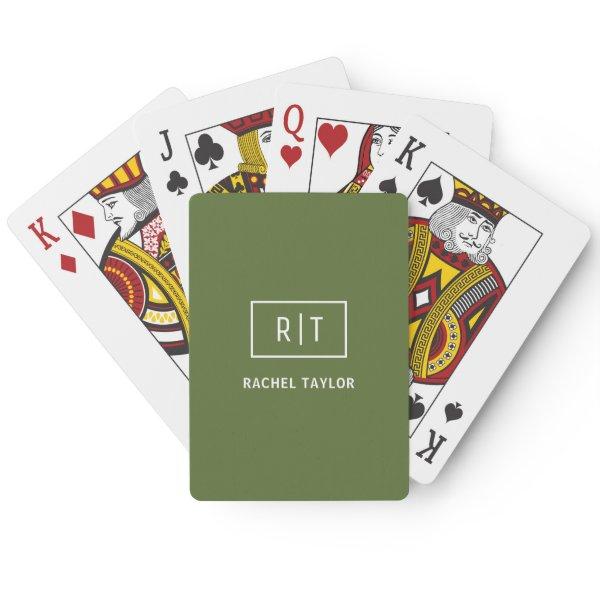 Modern Dark Olive Green Monogram Poker Cards