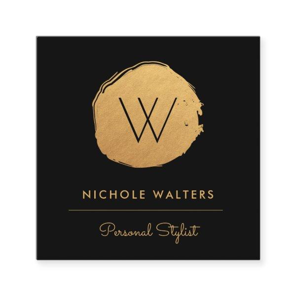 Modern Deep Black Faux Foil Circle | Gold Gold Square