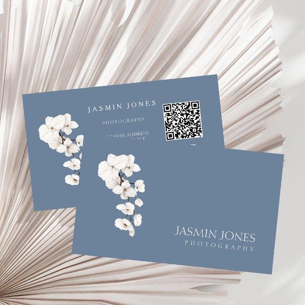 Modern Dusty Blue White Orchids QR Code Floral