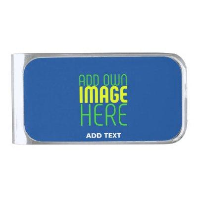MODERN EDITABLE COBALT BLUE IMAGE TEXT TEMPLATE SILVER FINISH MONEY CLIP