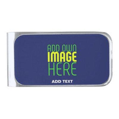 MODERN EDITABLE CUTE NAVY BLUE IMAGE TEXT TEMPLATE SILVER FINISH MONEY CLIP