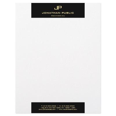 Modern Elegant Black White Gold Monogram Simple Letterhead