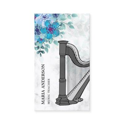 Modern Elegant Chic Blue Floral Harp Music Teacher