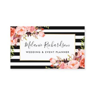 Modern Elegant Coral Floral Black Striped