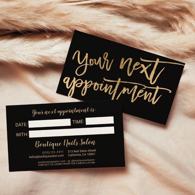 Modern elegant gold foil script typography black appointment card