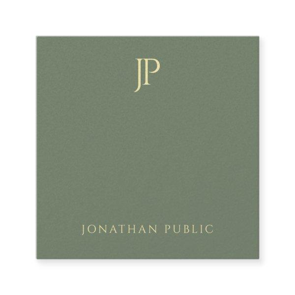 Modern Elegant Green Gold Monogram Premium Pearl Square