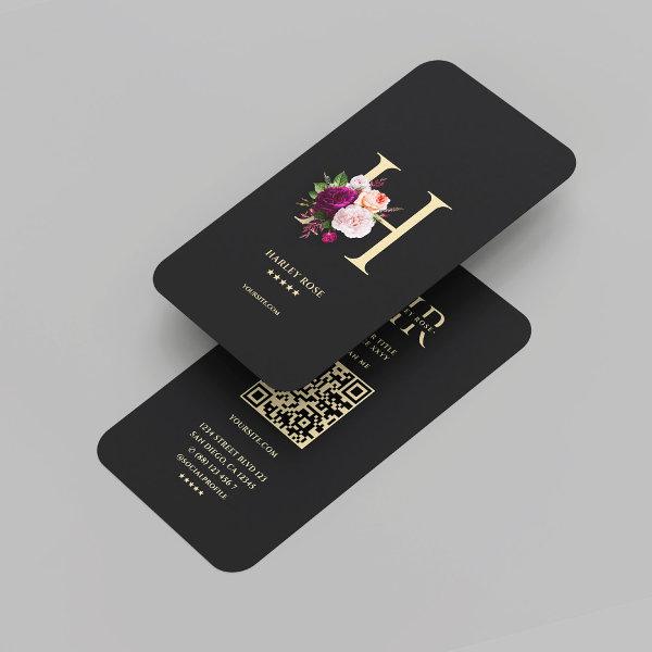 Modern Elegant Monogram H Floral Black Gold