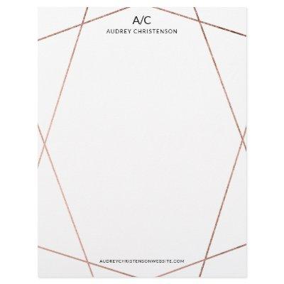 Modern elegant monogram rose gold geometric frame letterhead
