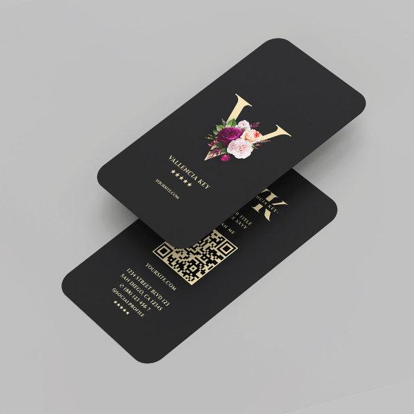 Modern Elegant Monogram V Floral Black Gold