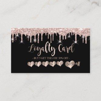 Modern Elegant Rose Gold Hearts, Black Drips Loyalty Card